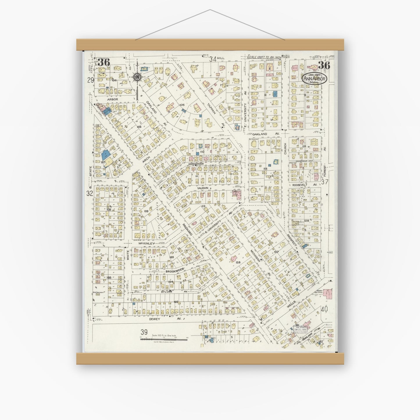 Old map wall art mockup — magnetic wood frame on white wall — Sanborn Fire Insurance Map from Ann Arbor, Washtenaw County, Michigan (1925), Sheet #0036