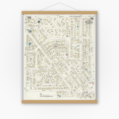 Old map wall art mockup — magnetic wood frame on white wall — Sanborn Fire Insurance Map from Ann Arbor, Washtenaw County, Michigan (1925), Sheet #0036