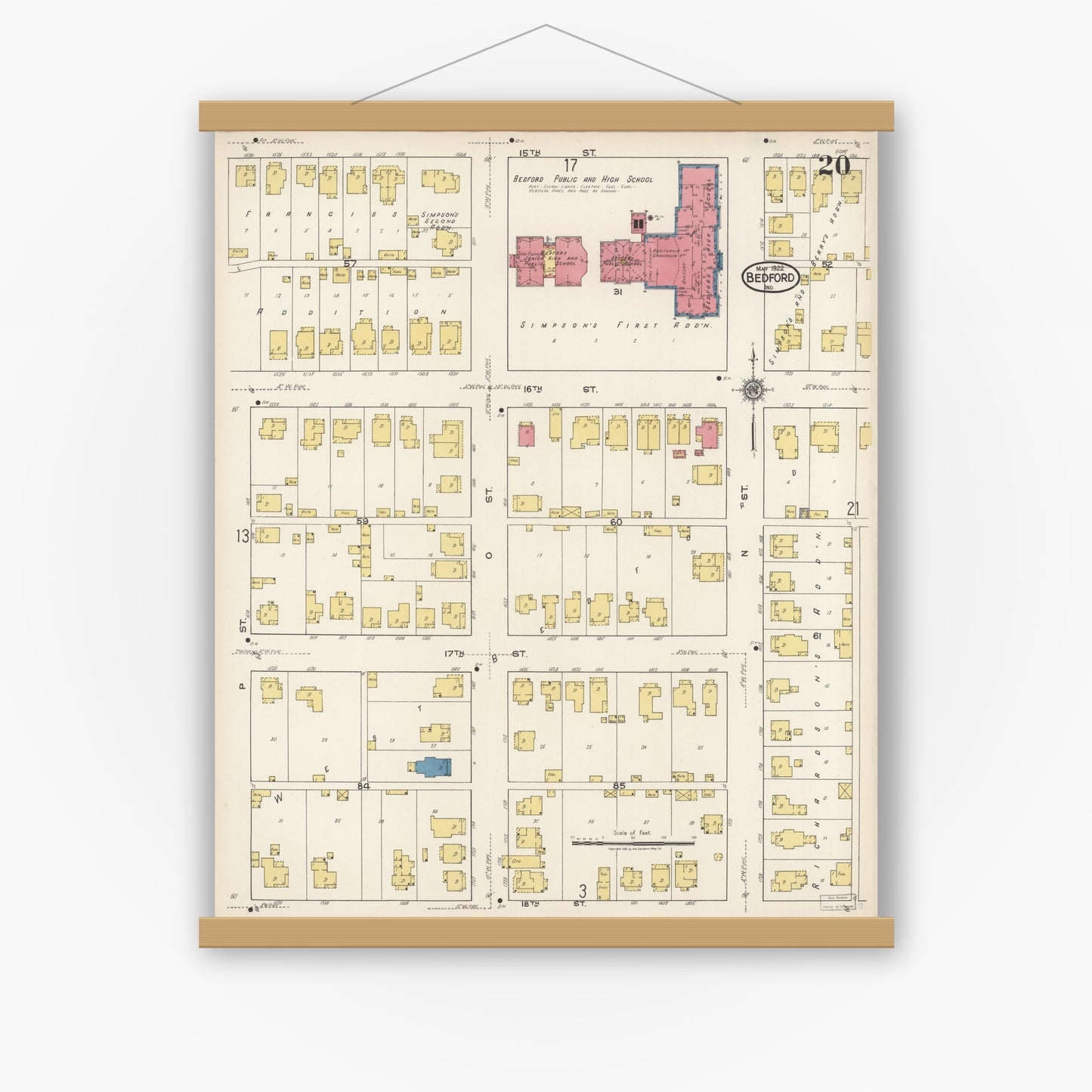 Old map wall art mockup — magnetic wood frame on white wall — Sanborn Fire Insurance Map from Bedford, Lawrence County, Indiana (1922), Sheet #0020