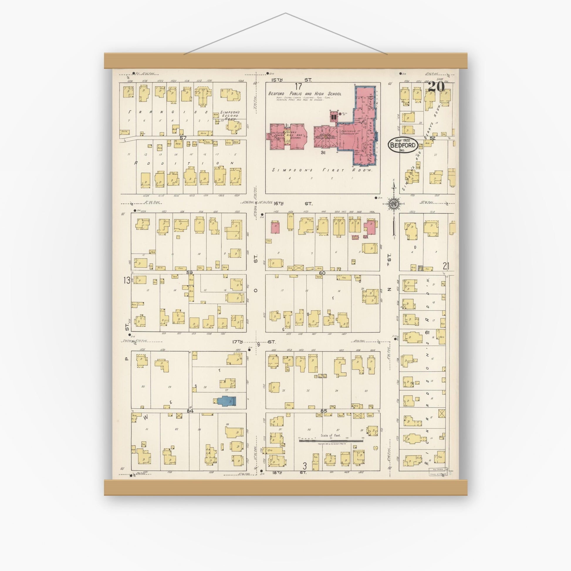Old map wall art mockup — magnetic wood frame on white wall — Sanborn Fire Insurance Map from Bedford, Lawrence County, Indiana (1922), Sheet #0020