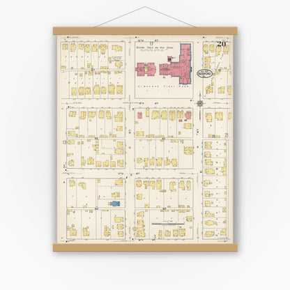 Old map wall art mockup — magnetic wood frame on white wall — Sanborn Fire Insurance Map from Bedford, Lawrence County, Indiana (1922), Sheet #0020