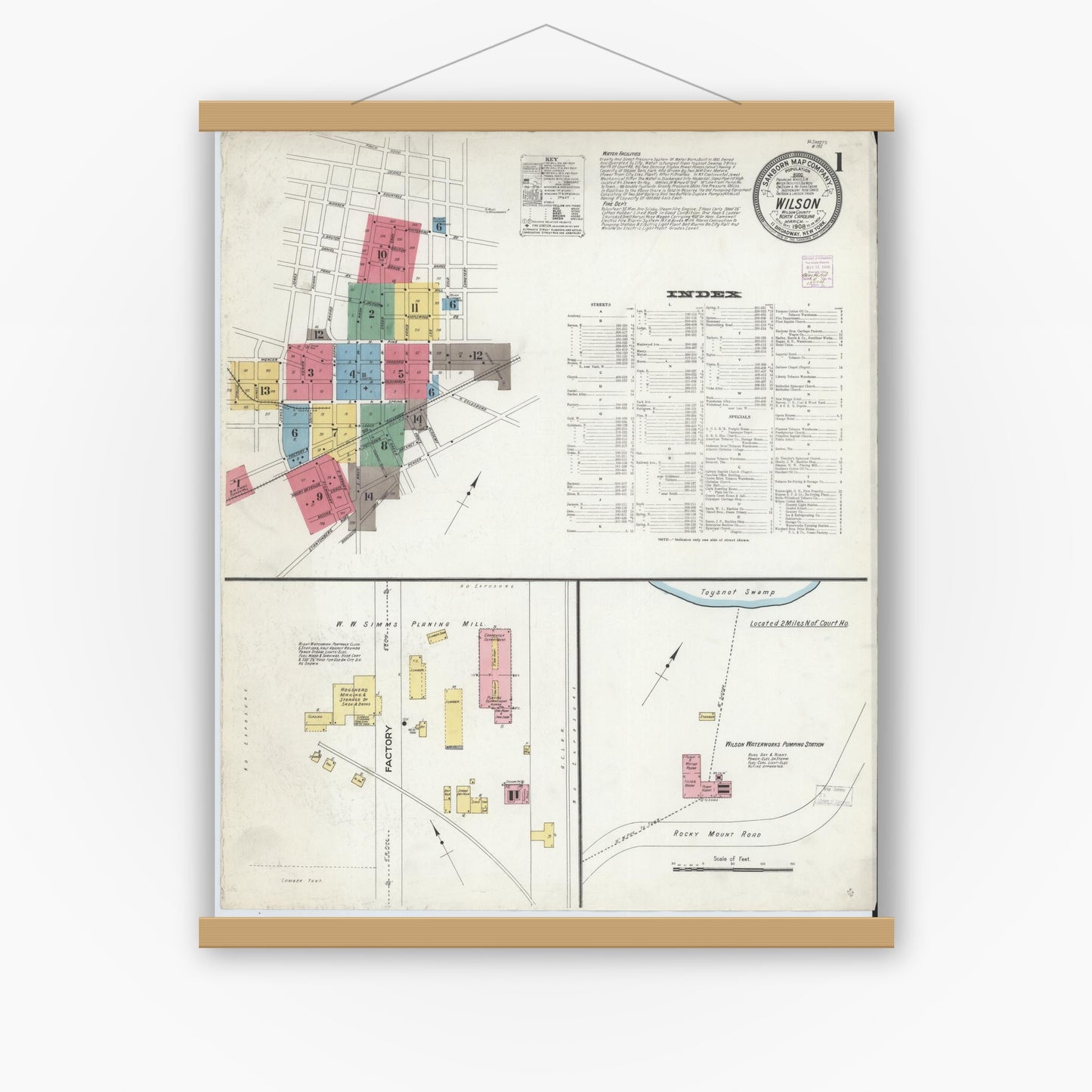 Old map wall art mockup — magnetic wood frame on white wall — Sanborn Fire Insurance Map from Wilson, Wilson County, North Carolina (1908), Sheet #0001