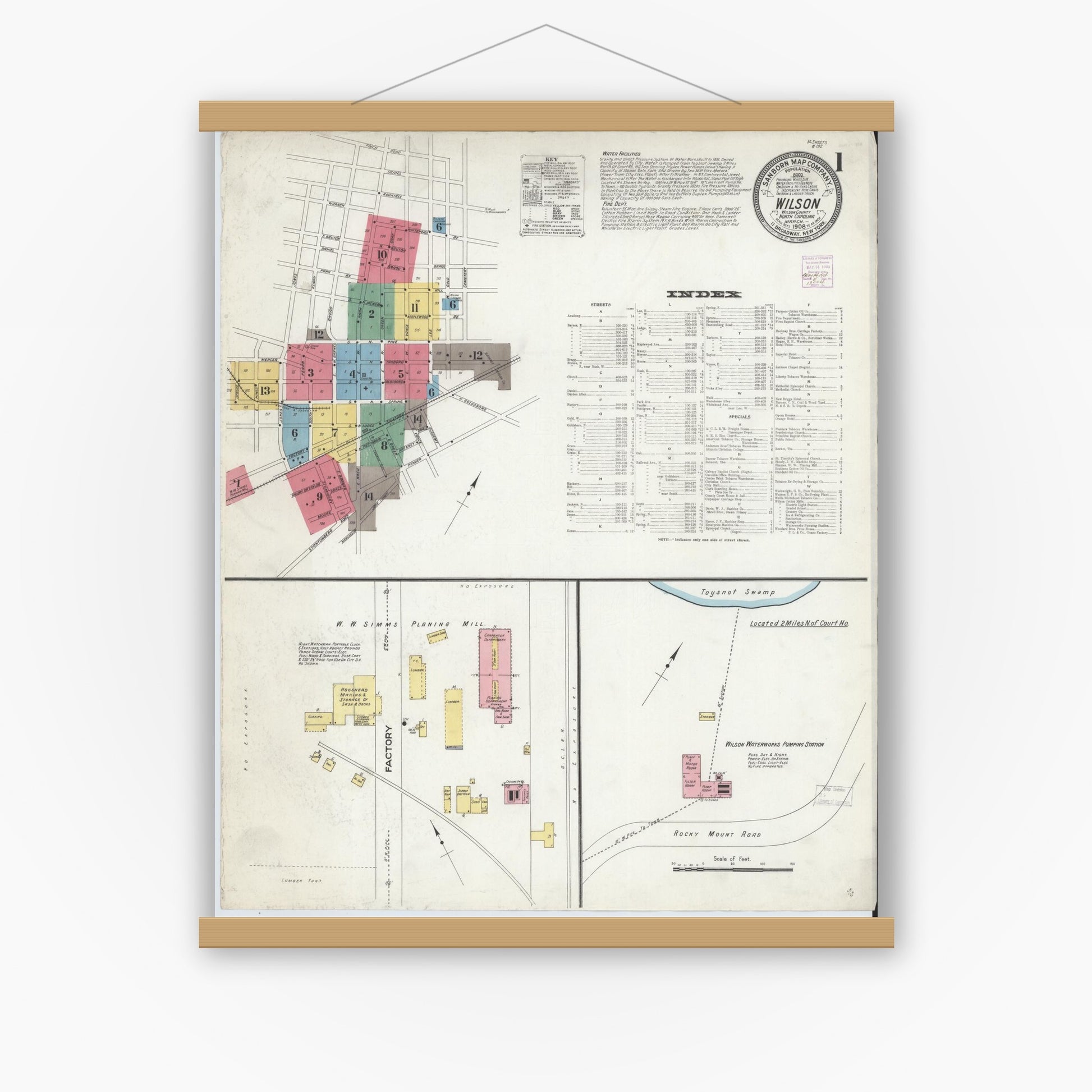 Old map wall art mockup — magnetic wood frame on white wall — Sanborn Fire Insurance Map from Wilson, Wilson County, North Carolina (1908), Sheet #0001