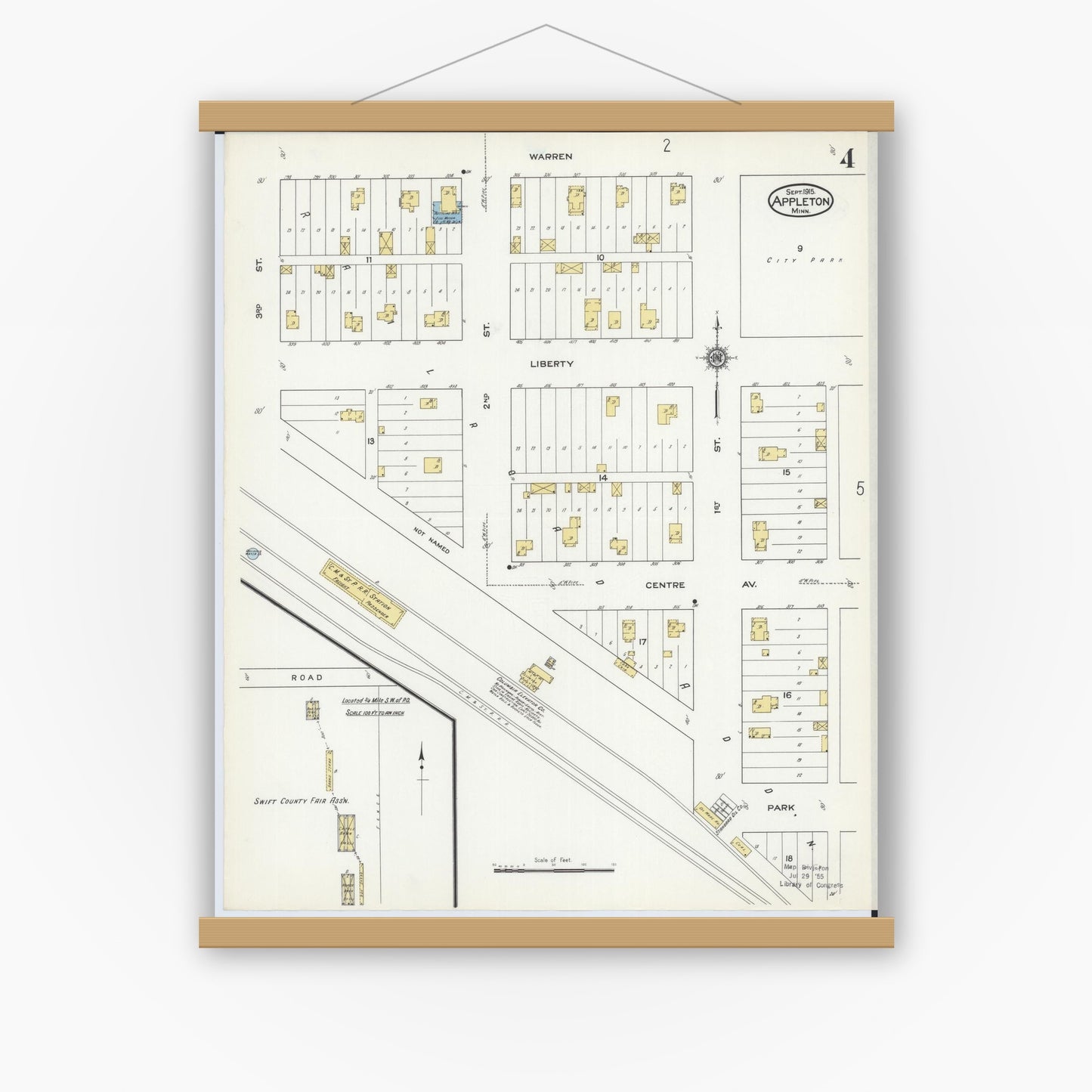Old map wall art mockup — magnetic wood frame on white wall — Sanborn Fire Insurance Map from Appleton, Swift County, Minnesota (1915), Sheet #0004