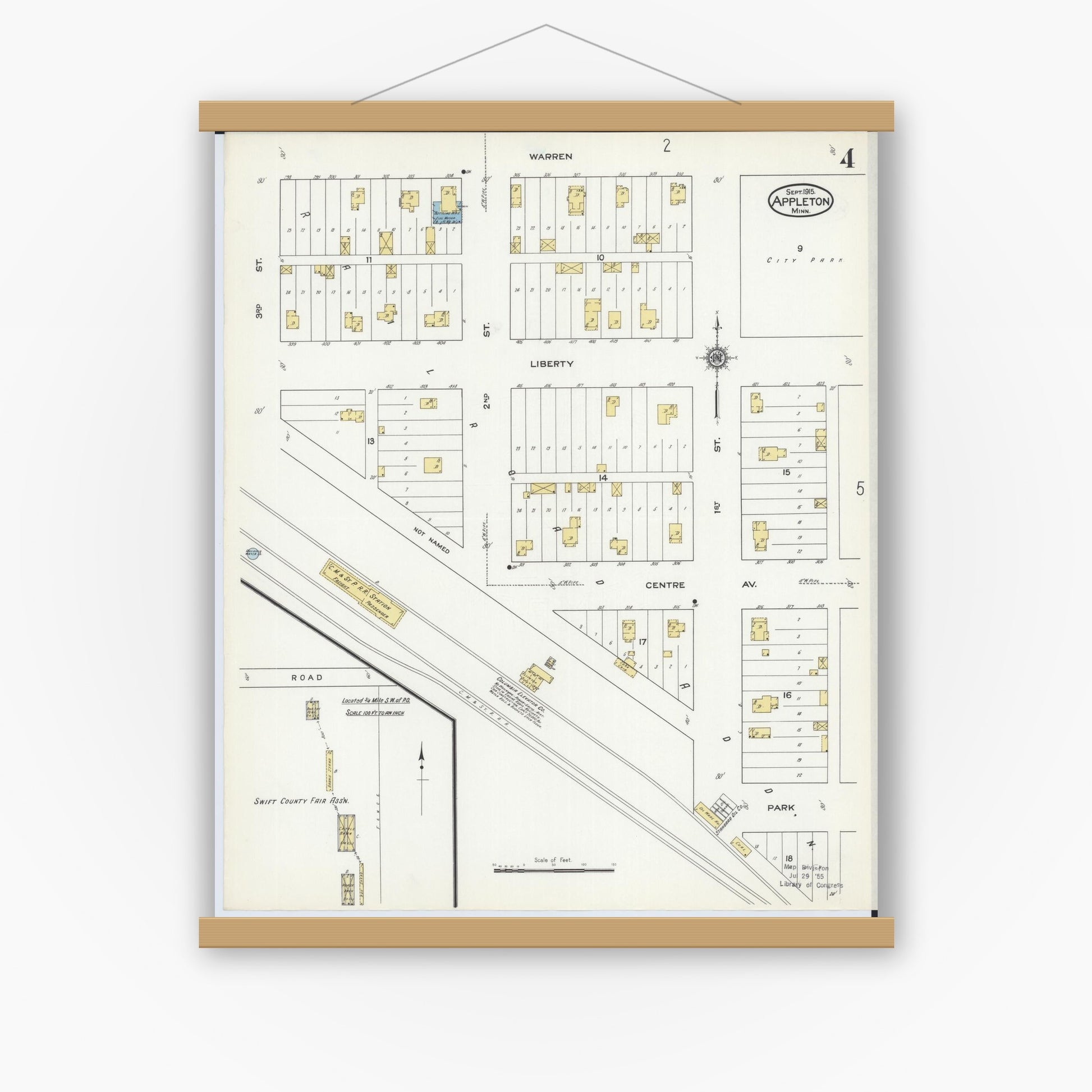 Old map wall art mockup — magnetic wood frame on white wall — Sanborn Fire Insurance Map from Appleton, Swift County, Minnesota (1915), Sheet #0004