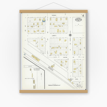 Old map wall art mockup — magnetic wood frame on white wall — Sanborn Fire Insurance Map from Appleton, Swift County, Minnesota (1915), Sheet #0004