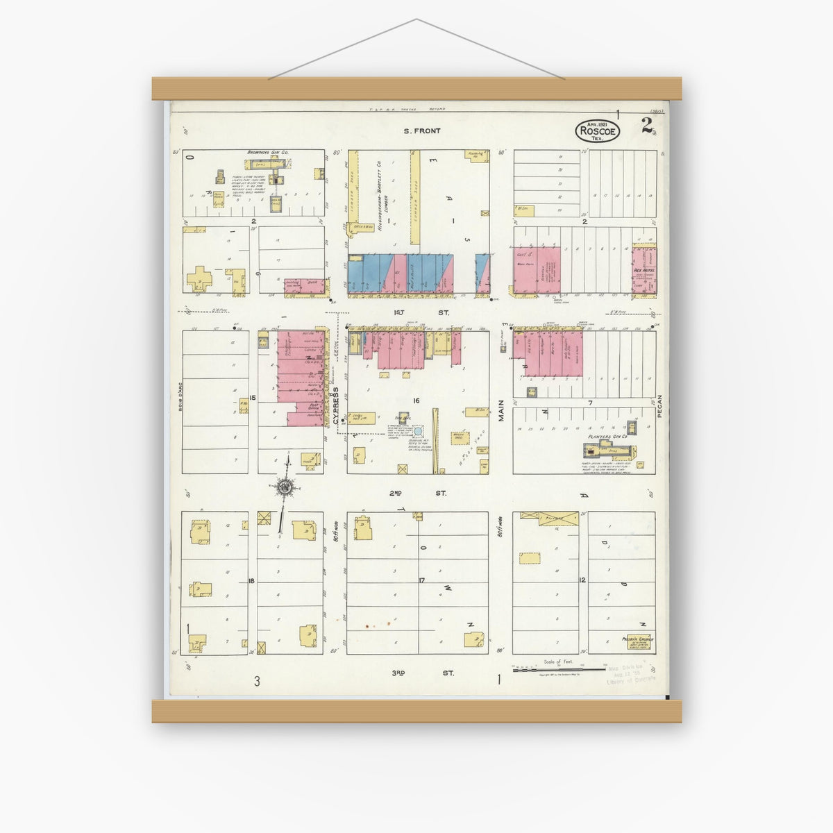 Old map wall art mockup — magnetic wood frame on white wall — Sanborn Fire Insurance Map from Roscoe, Nolan County, Texas (1921), Sheet #0002