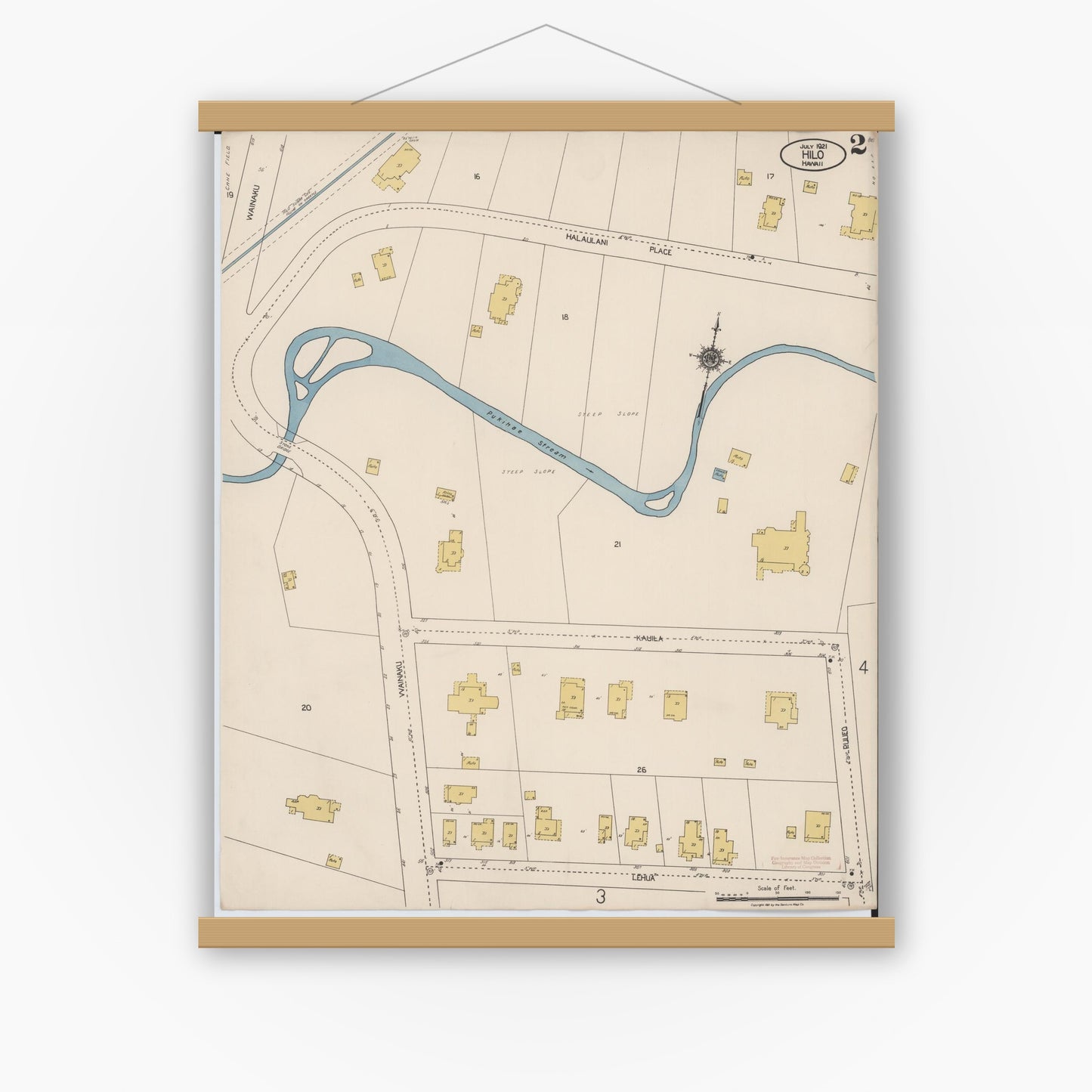 Old map wall art mockup — magnetic wood frame on white wall — Sanborn Fire Insurance Map from Hilo, Hawaii County, Hawaii (1921), Sheet #0002