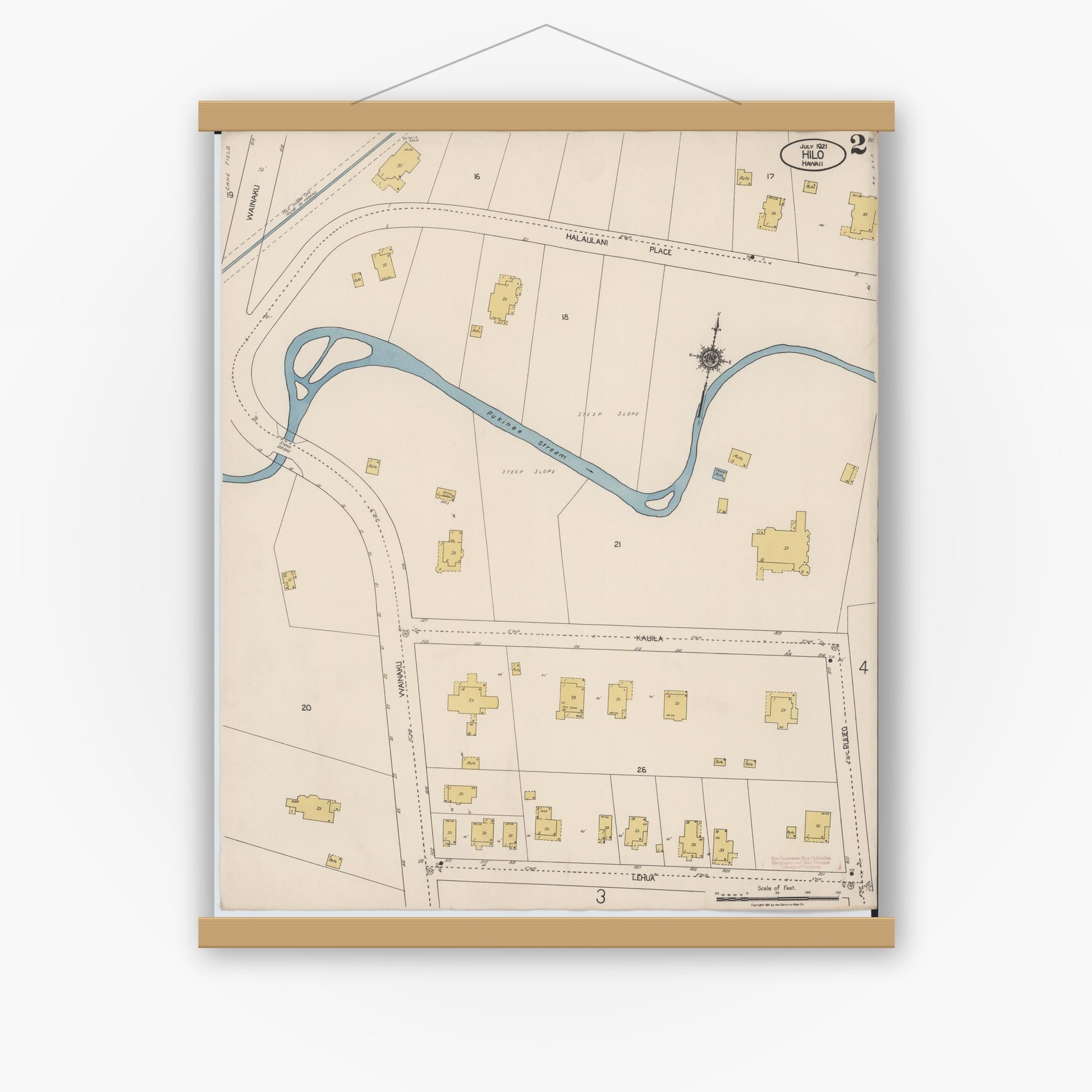 Old map wall art mockup — magnetic wood frame on white wall — Sanborn Fire Insurance Map from Hilo, Hawaii County, Hawaii (1921), Sheet #0002
