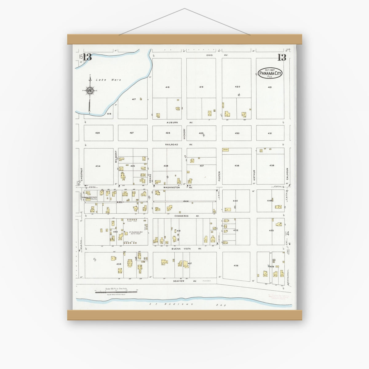Old map wall art mockup — magnetic wood frame on white wall — Sanborn Fire Insurance Map from Panama City, Bay County, Florida (1927), Sheet #0013