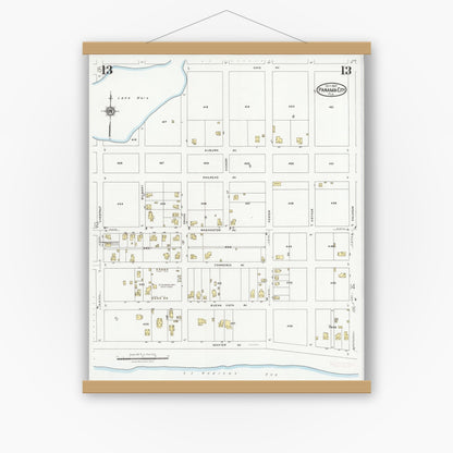 Old map wall art mockup — magnetic wood frame on white wall — Sanborn Fire Insurance Map from Panama City, Bay County, Florida (1927), Sheet #0013