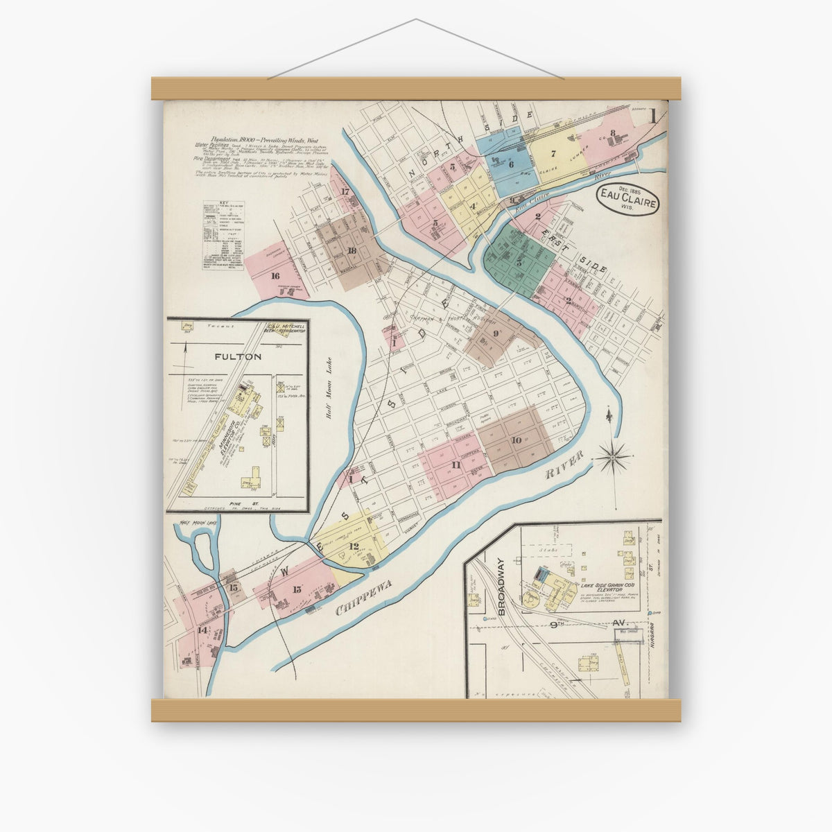 Old map wall art mockup — magnetic wood frame on white wall — Sanborn Fire Insurance Map from Eau Claire, Eau Claire County, Wisconsin (1885) - Complete Map Set