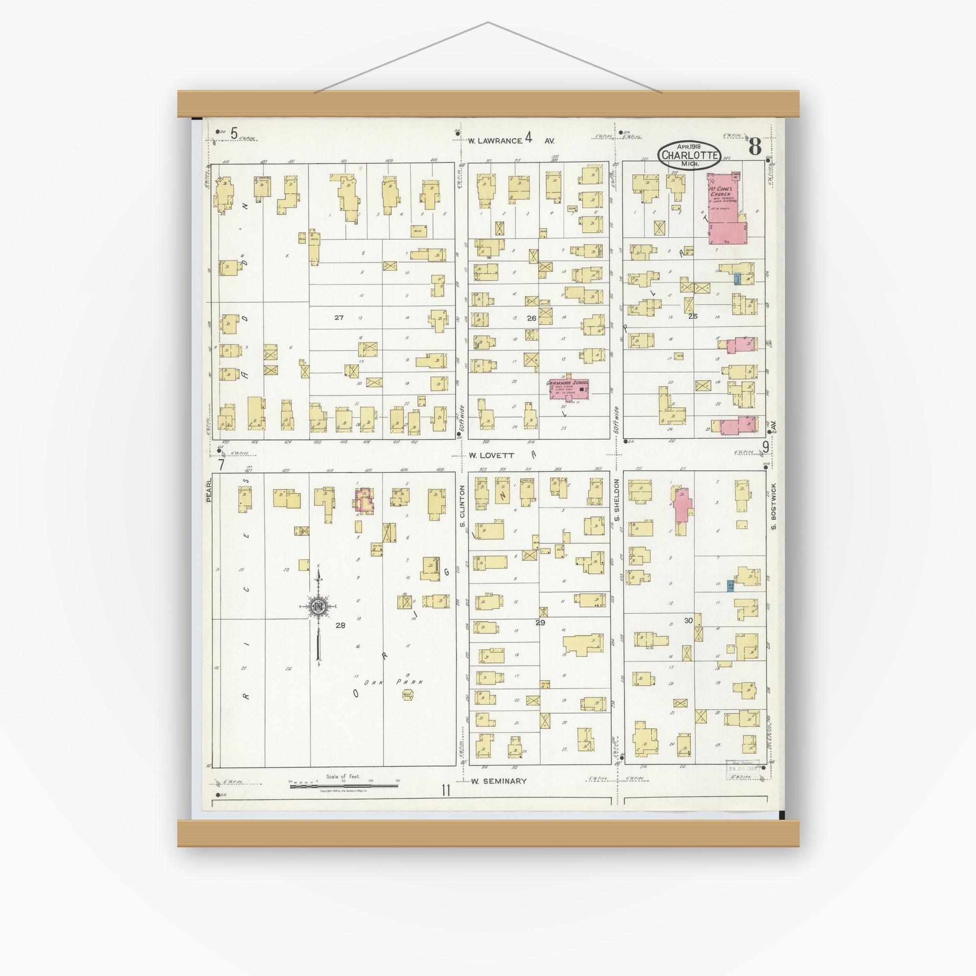 Old map wall art mockup — magnetic wood frame on white wall — Sanborn Fire Insurance Map from Charlotte, Eaton County, Michigan (1918), Sheet #0008