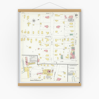 Old map wall art mockup — magnetic wood frame on white wall — Sanborn Fire Insurance Map from Coldwater, Branch County, Michigan (1908), Sheet #0010