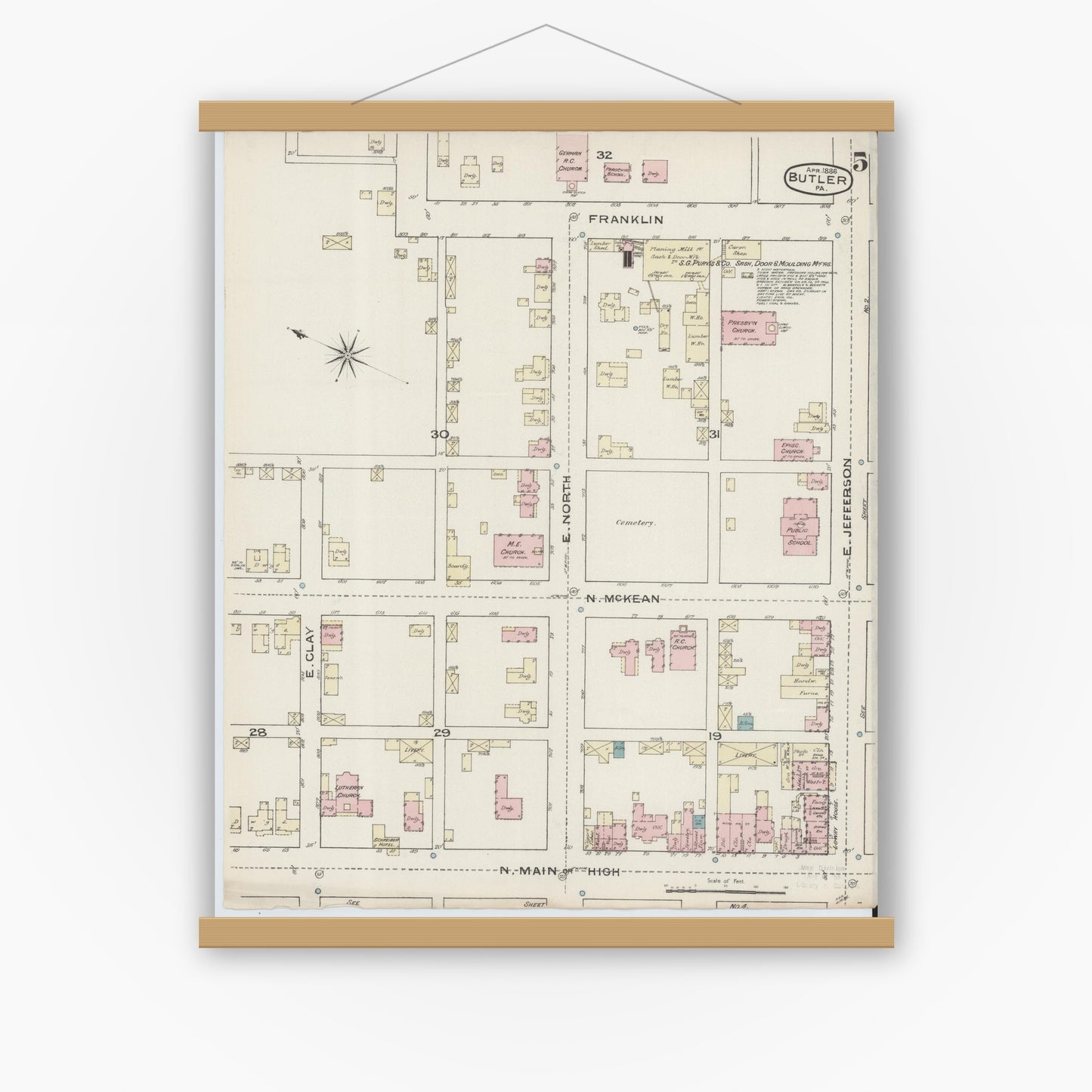 Old map wall art mockup — magnetic wood frame on white wall — Sanborn Fire Insurance Map from Butler, Butler County, Pennsylvania (1886), Sheet #0005