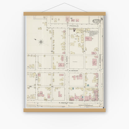Old map wall art mockup — magnetic wood frame on white wall — Sanborn Fire Insurance Map from Butler, Butler County, Pennsylvania (1886), Sheet #0005