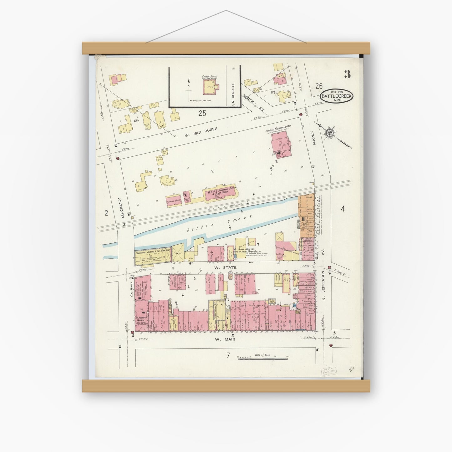 Old map wall art mockup — magnetic wood frame on white wall — Sanborn Fire Insurance Map from Battle Creek, Calhoun County, Michigan (1913), Sheet #0003