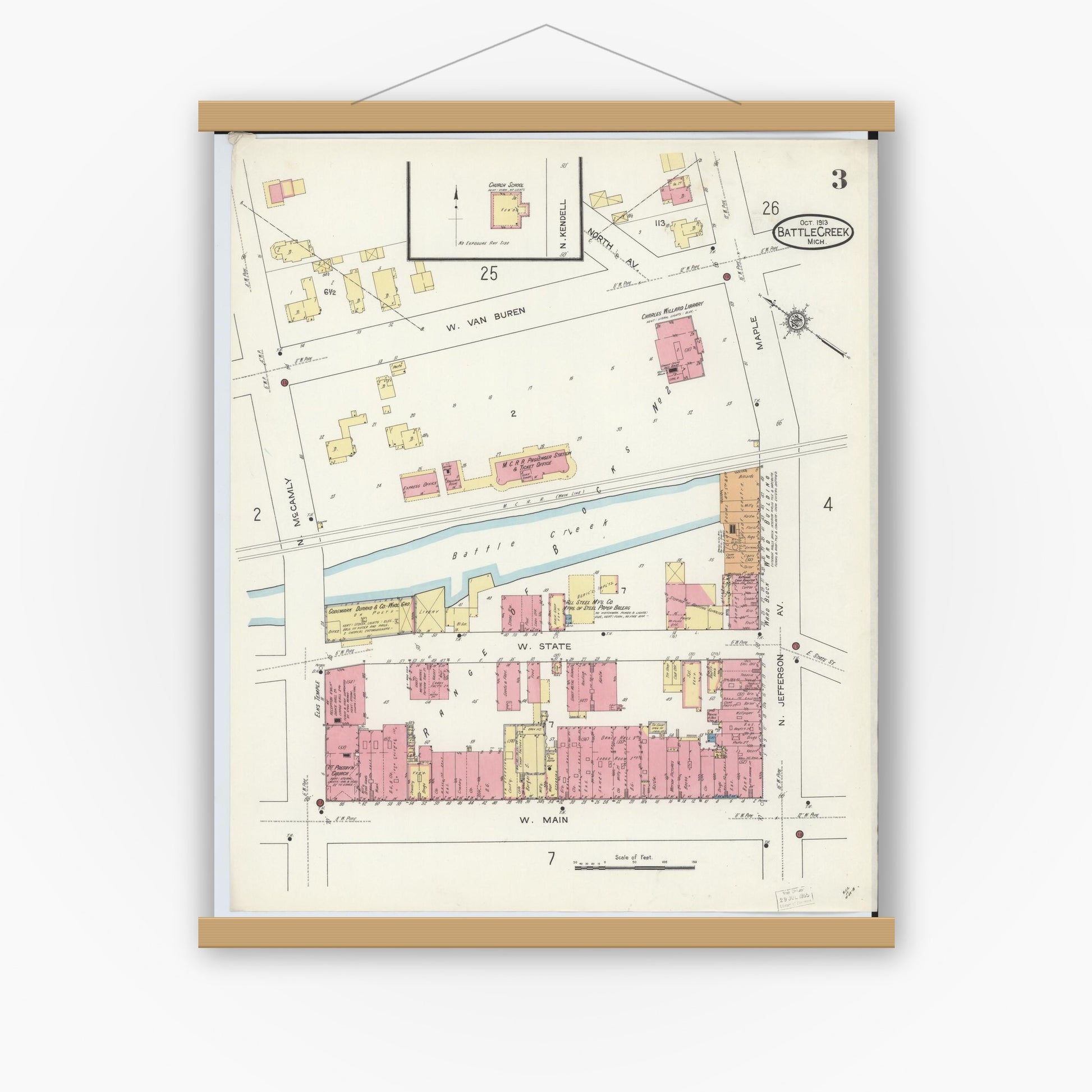 Old map wall art mockup — magnetic wood frame on white wall — Sanborn Fire Insurance Map from Battle Creek, Calhoun County, Michigan (1913), Sheet #0003