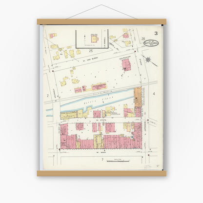 Old map wall art mockup — magnetic wood frame on white wall — Sanborn Fire Insurance Map from Battle Creek, Calhoun County, Michigan (1913), Sheet #0003