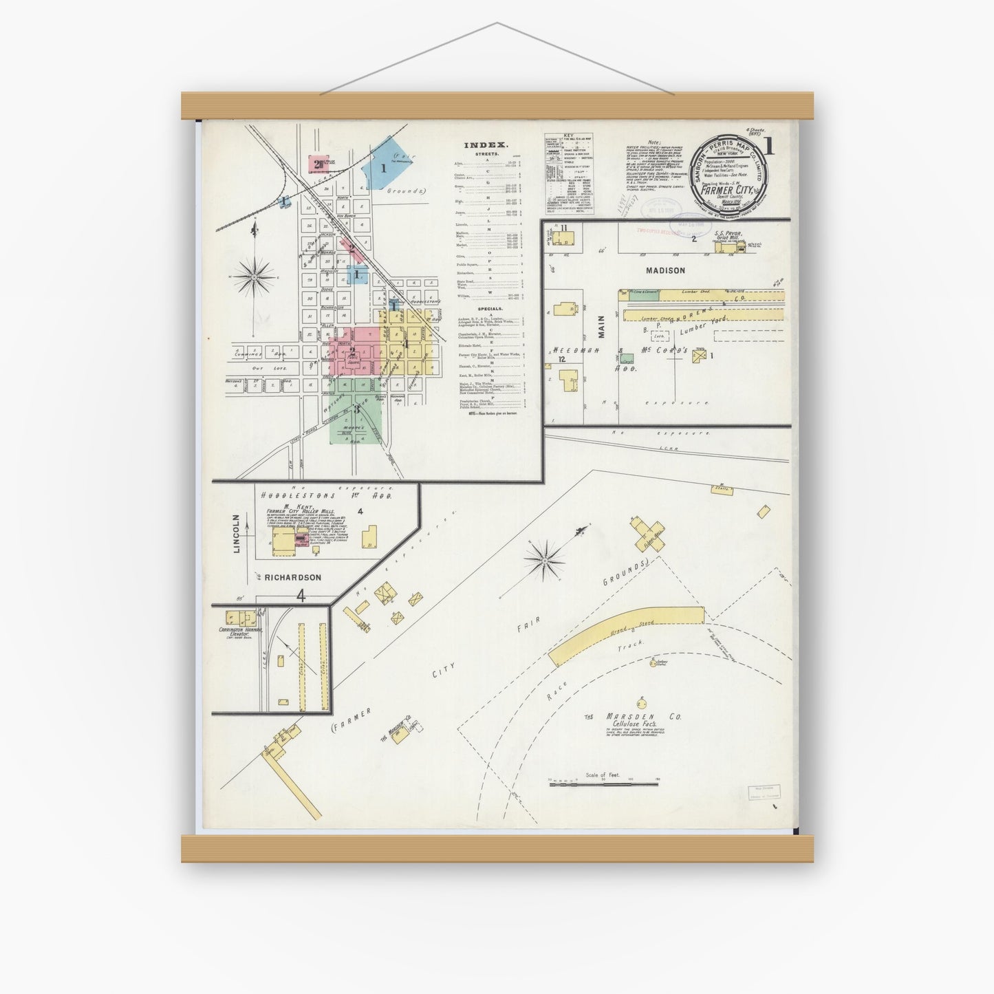 Old map wall art mockup — magnetic wood frame on white wall — Sanborn Fire Insurance Map from Farmer City, De Witt County, Illinois (1898) - Complete Map Set