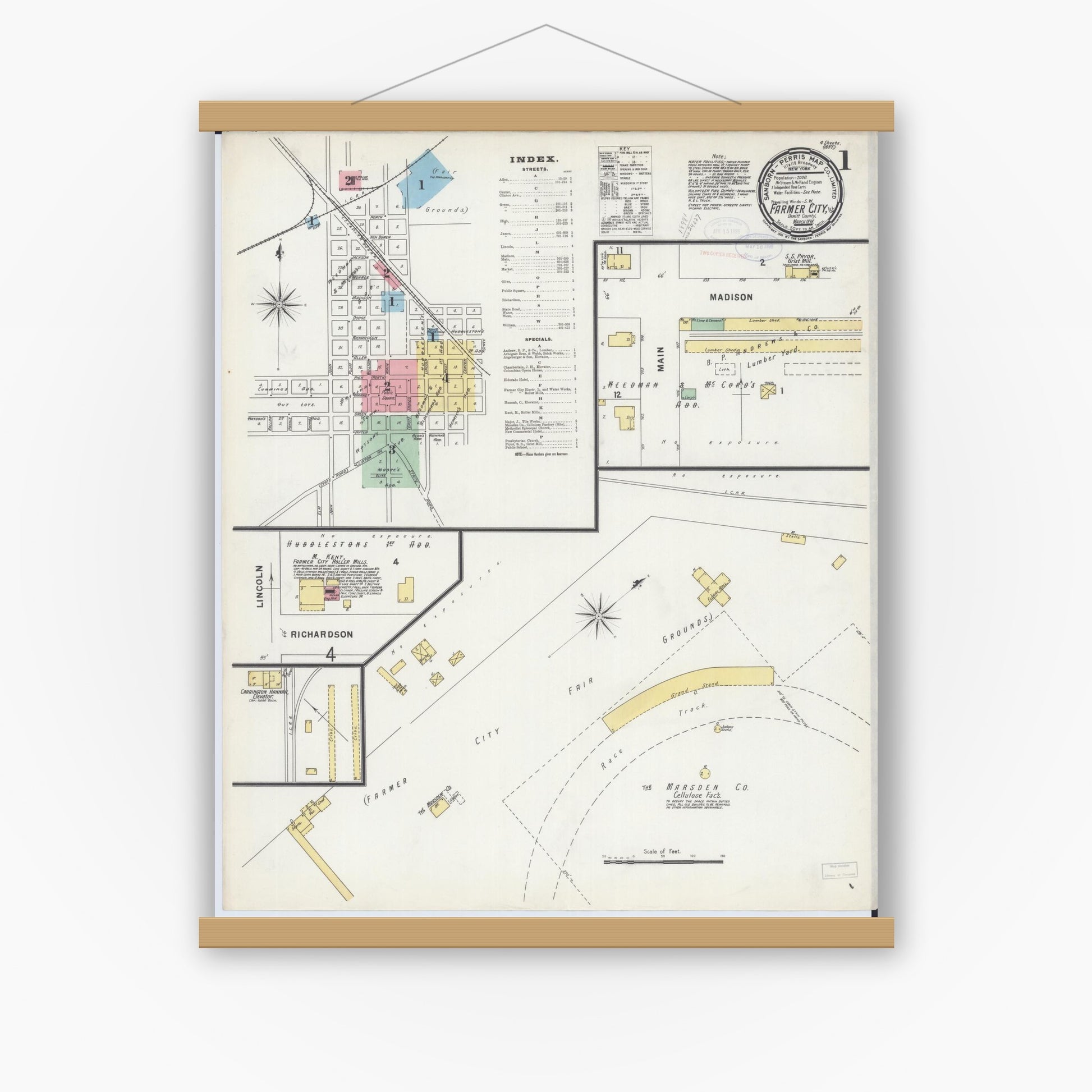 Old map wall art mockup — magnetic wood frame on white wall — Sanborn Fire Insurance Map from Farmer City, De Witt County, Illinois (1898) - Complete Map Set