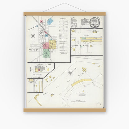 Old map wall art mockup — magnetic wood frame on white wall — Sanborn Fire Insurance Map from Farmer City, De Witt County, Illinois (1898) - Complete Map Set