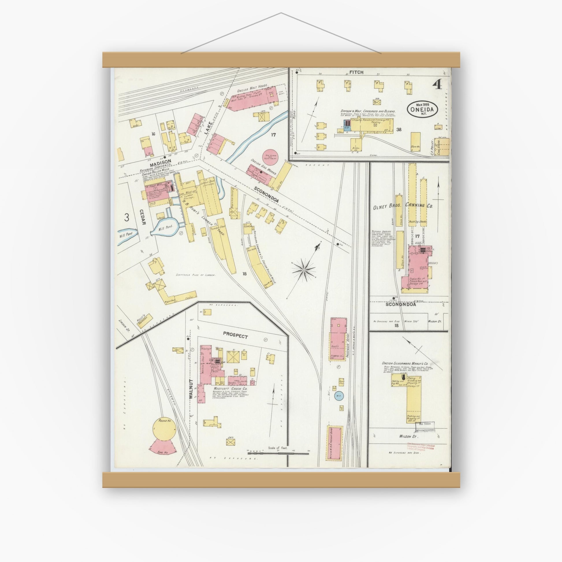 Old map wall art mockup — magnetic wood frame on white wall — Sanborn Fire Insurance Map from Oneida, Madison County, New York (1899), Sheet #0004