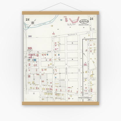 Old map wall art mockup — magnetic wood frame on white wall — Sanborn Fire Insurance Map from Chambersburg, Franklin County, Pennsylvania (1924), Sheet #0024