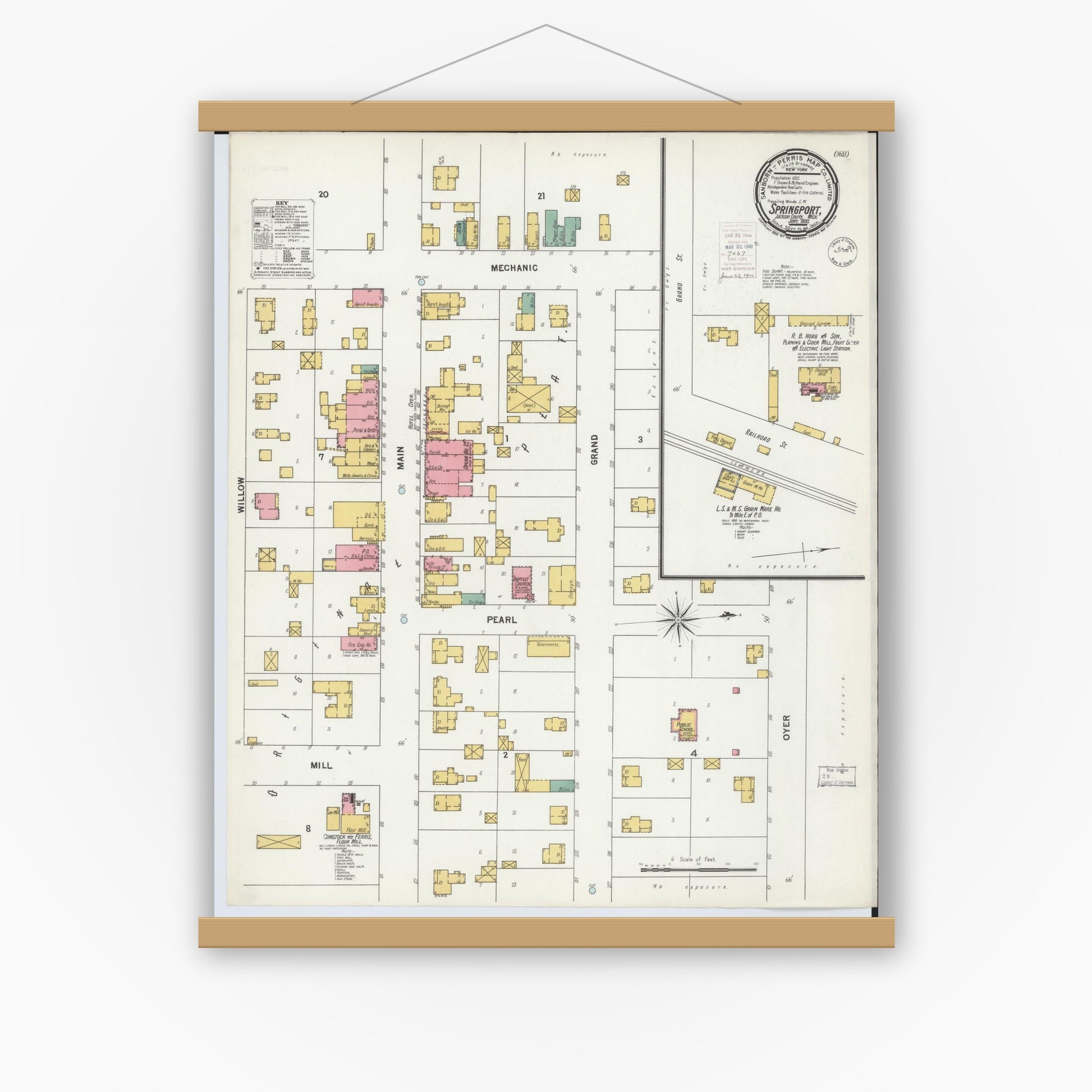 Old map wall art mockup — magnetic wood frame on white wall — Sanborn Fire Insurance Map from Springport, Jackson County, Michigan (1900), Sheet #0001