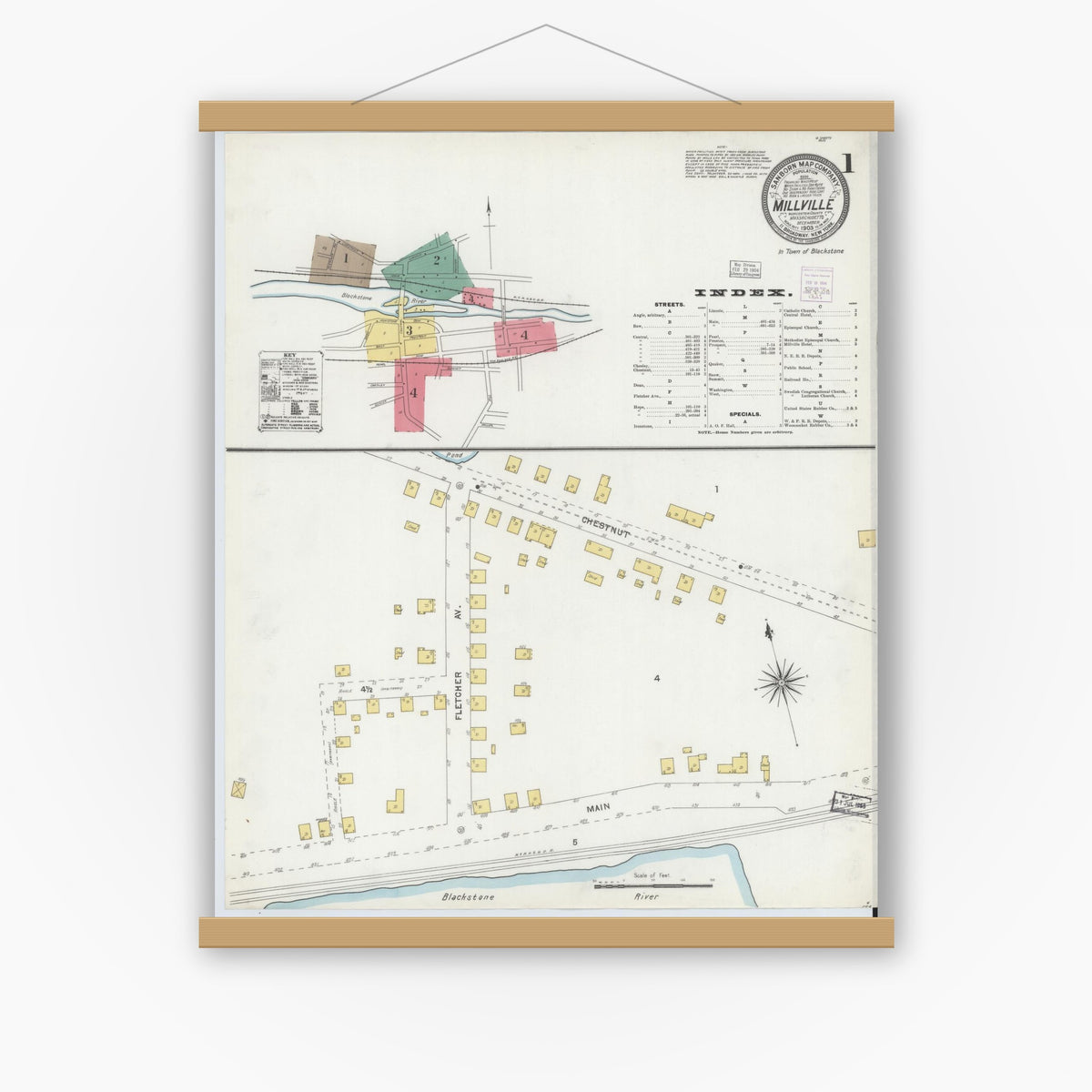 Old map wall art mockup — magnetic wood frame on white wall — Sanborn Fire Insurance Map from Millville, Worcester County, Massachusetts (1903) - Complete Map Set