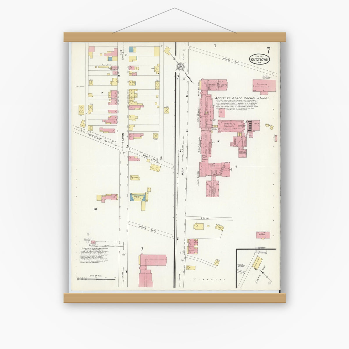 Old map wall art mockup — magnetic wood frame on white wall — Sanborn Fire Insurance Map from Kutztown, Berks County, Pennsylvania (1913), Sheet #0007
