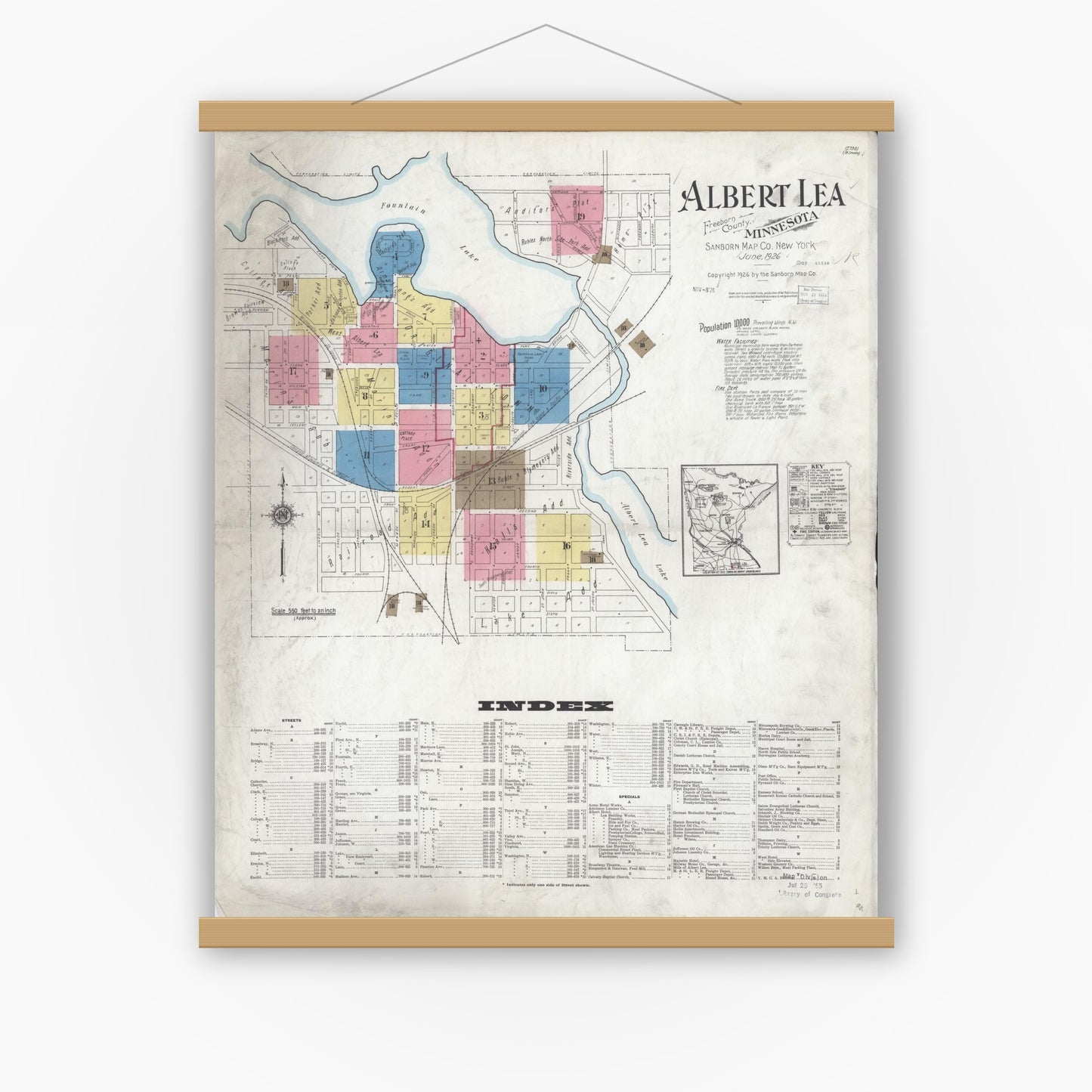 Old map wall art mockup — magnetic wood frame on white wall — Sanborn Fire Insurance Map from Albert Lea, Freeborn County, Minnesota (1926) - Complete Map Set