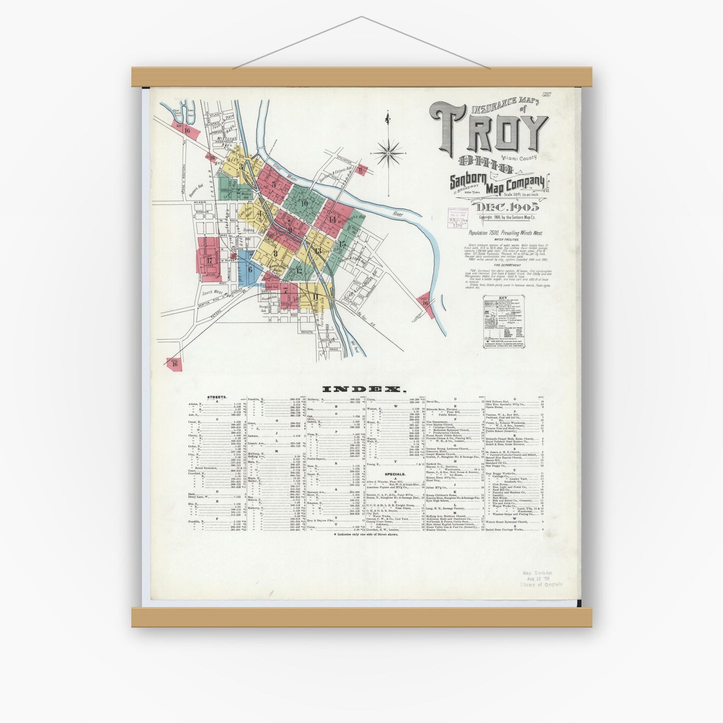 Old map wall art mockup — magnetic wood frame on white wall — Sanborn Fire Insurance Map from Troy, Miami County, Ohio (1905), Sheet #0001