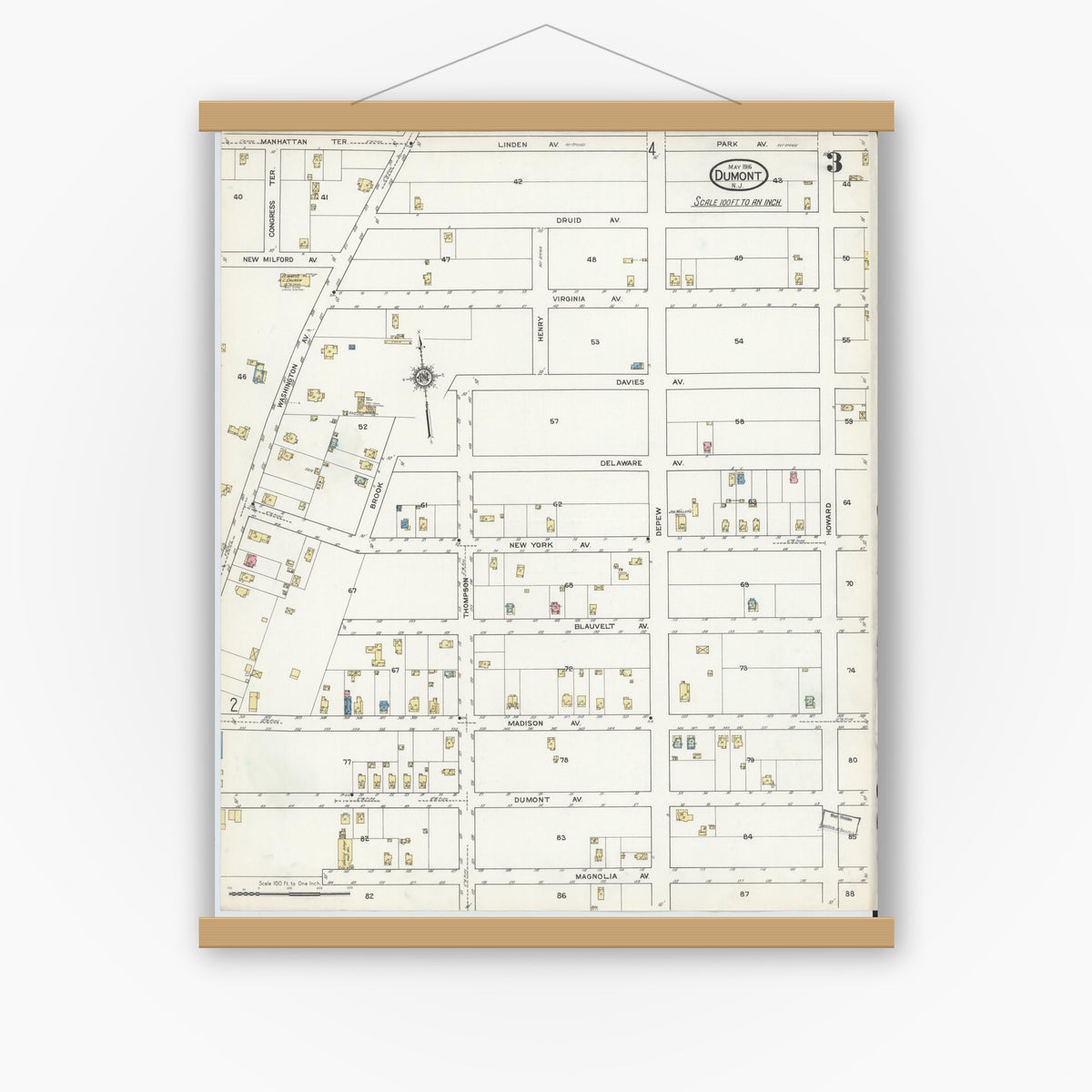 Old map wall art mockup — magnetic wood frame on white wall — Sanborn Fire Insurance Map from Dumont, Bergen County, New Jersey (1916), Sheet #0003