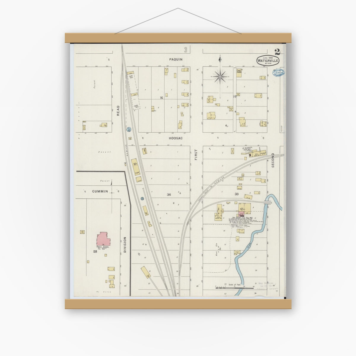 Old map wall art mockup — magnetic wood frame on white wall — Sanborn Fire Insurance Map from Waterville, Le Sueur County, Minnesota (1894), Sheet #0002