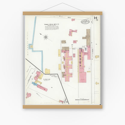 Old map wall art mockup — magnetic wood frame on white wall — Sanborn Fire Insurance Map from Burlington, Burlington County, New Jersey (1908), Sheet #0013