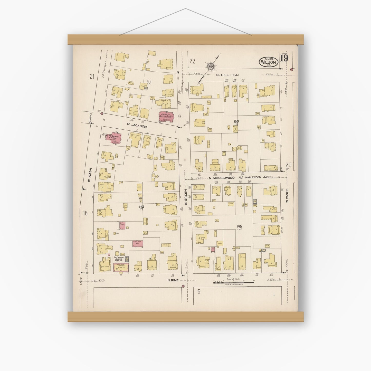 Old map wall art mockup — magnetic wood frame on white wall — Sanborn Fire Insurance Map from Wilson, Wilson County, North Carolina (1922), Sheet #0019