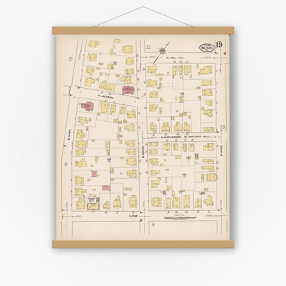 Old map wall art mockup — magnetic wood frame on white wall — Sanborn Fire Insurance Map from Wilson, Wilson County, North Carolina (1922), Sheet #0019