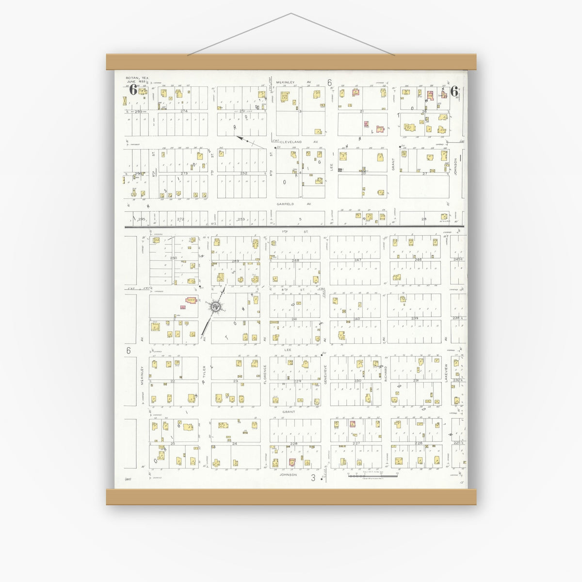 Old map wall art mockup — magnetic wood frame on white wall — Sanborn Fire Insurance Map from Rotan, Fisher County, Texas (1933), Sheet #0006