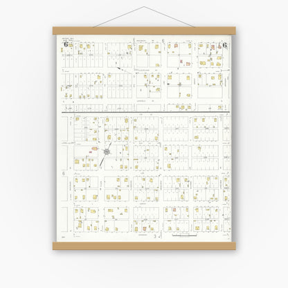 Old map wall art mockup — magnetic wood frame on white wall — Sanborn Fire Insurance Map from Rotan, Fisher County, Texas (1933), Sheet #0006
