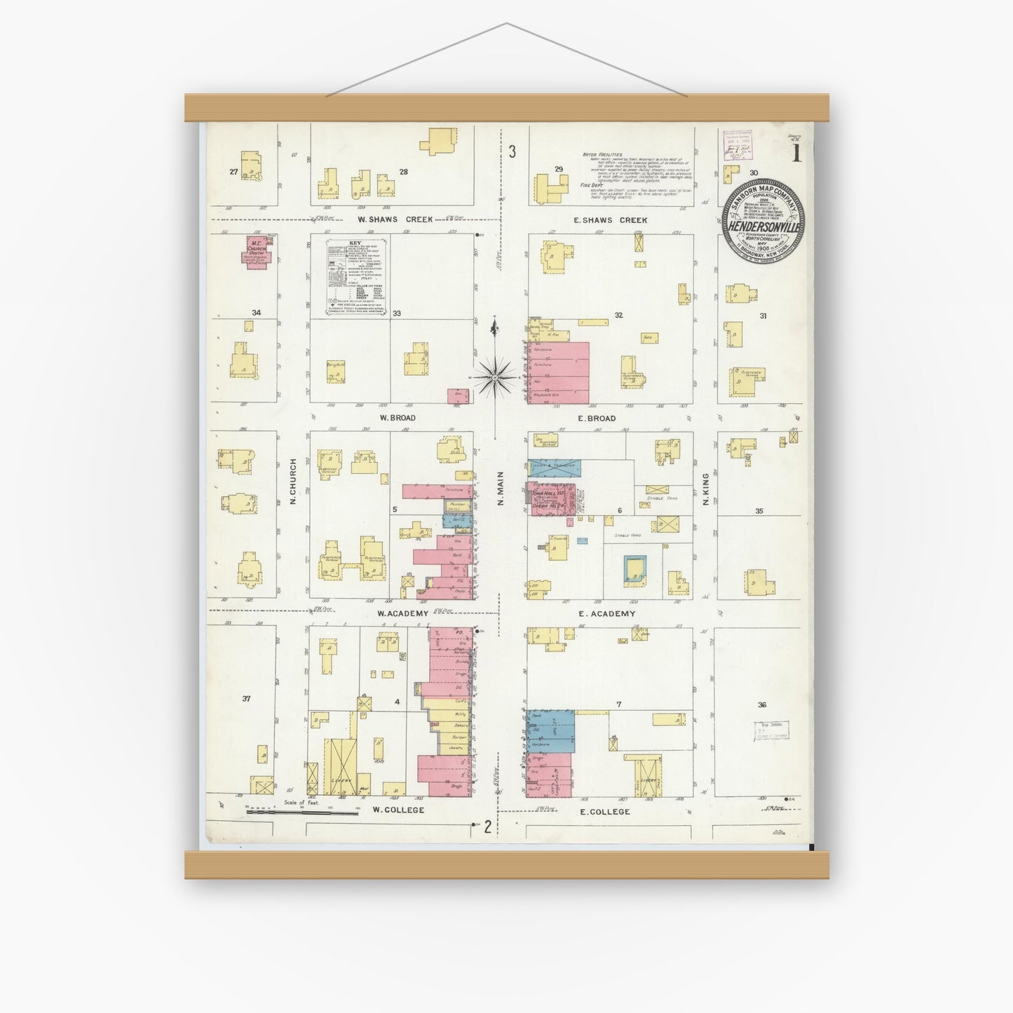 Old map wall art mockup — magnetic wood frame on white wall — Sanborn Fire Insurance Map from Hendersonville, Henderson County, North Carolina (1908), Sheet #0001