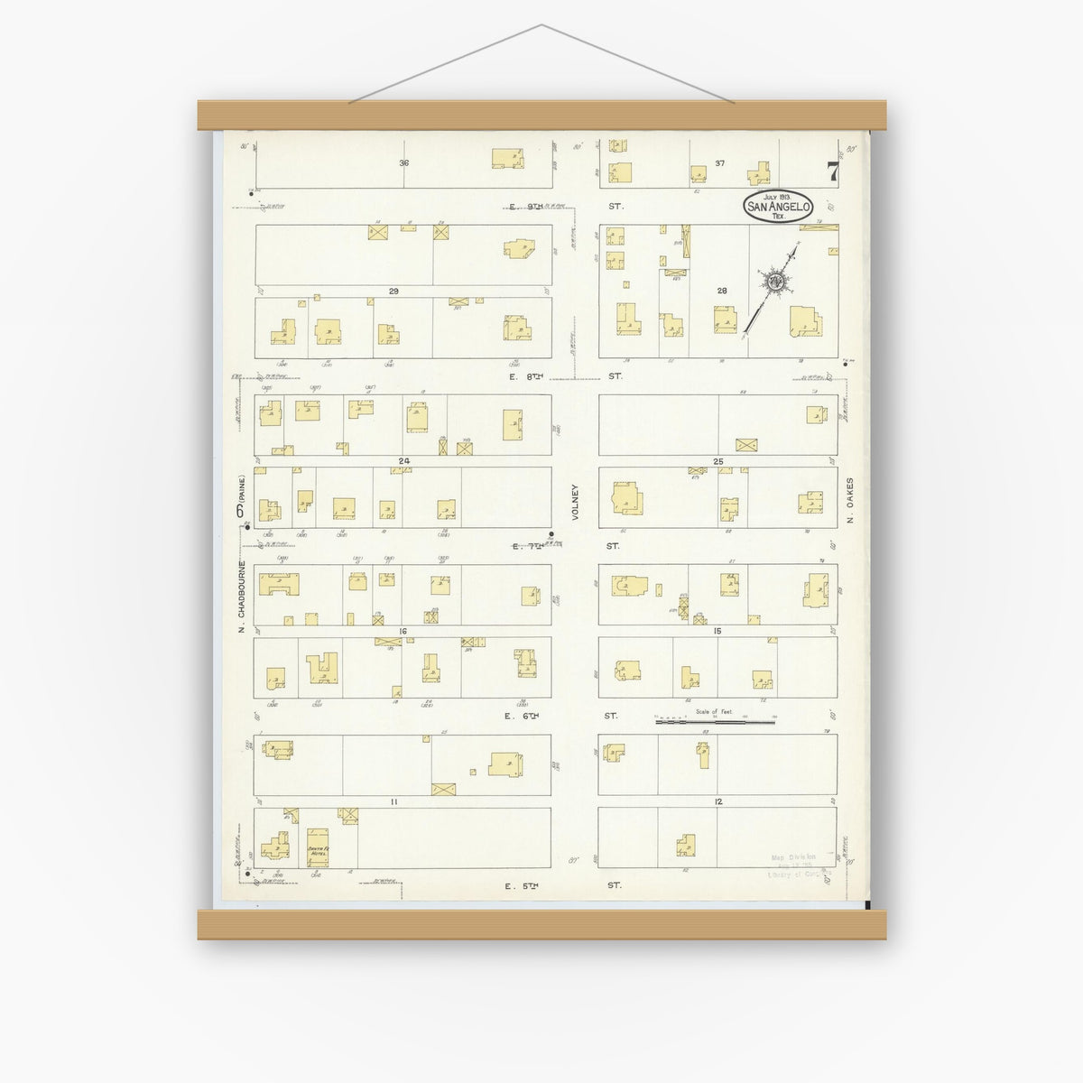 Old map wall art mockup — magnetic wood frame on white wall — Sanborn Fire Insurance Map from San Angelo, Tom Green County, Texas (1913), Sheet #0007