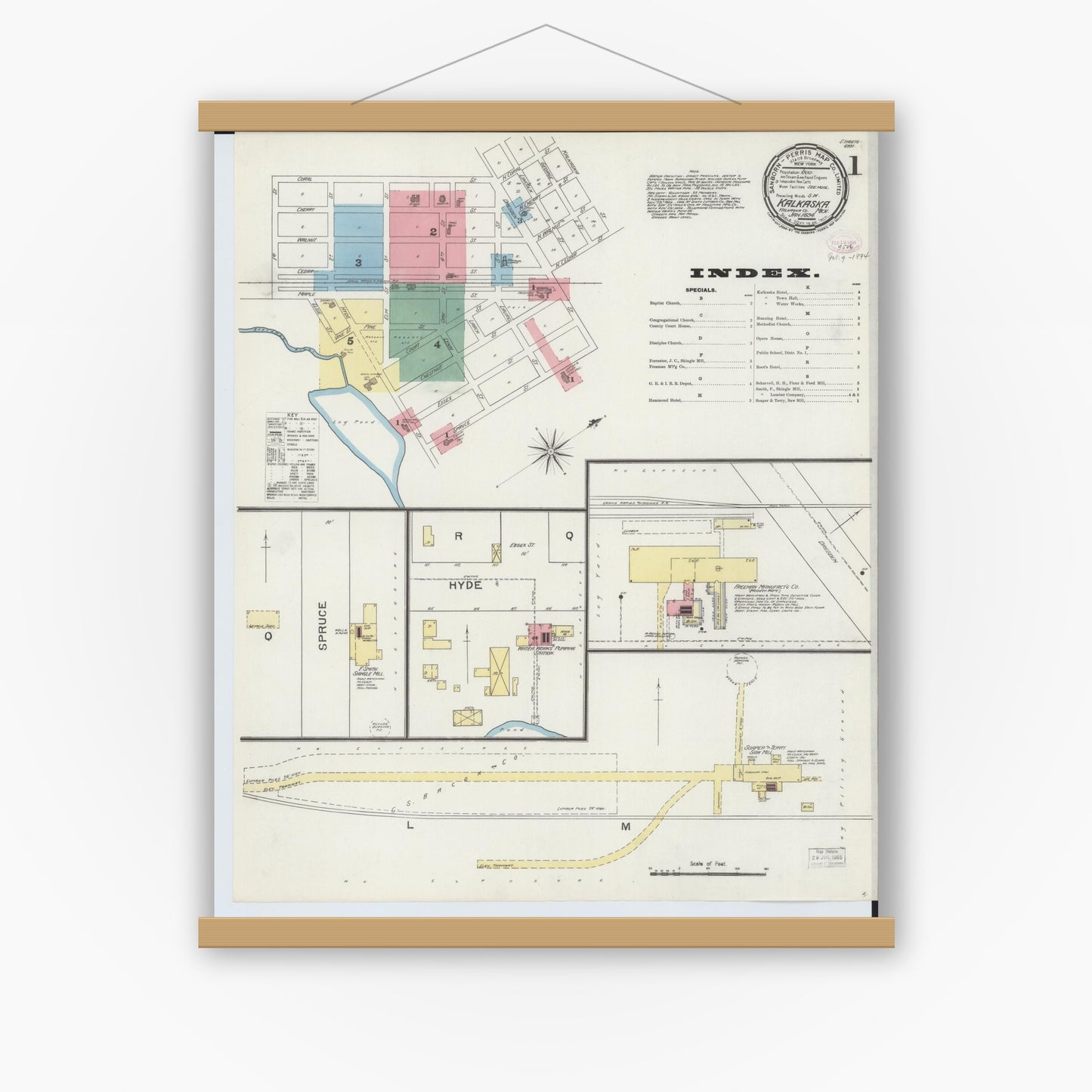 Old map wall art mockup — magnetic wood frame on white wall — Sanborn Fire Insurance Map from Kalkaska, Kalkaska County, Michigan (1894), Sheet #0001