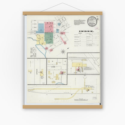 Old map wall art mockup — magnetic wood frame on white wall — Sanborn Fire Insurance Map from Kalkaska, Kalkaska County, Michigan (1894), Sheet #0001