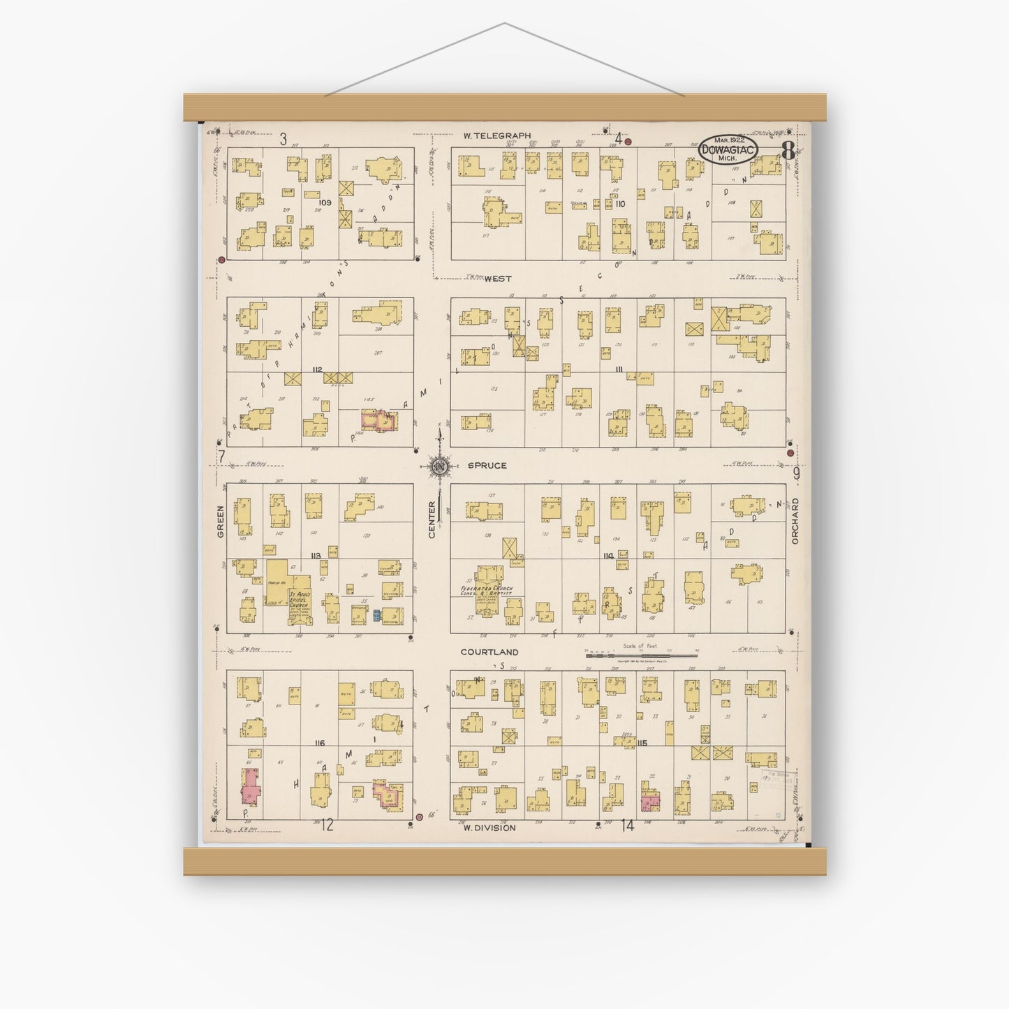 Old map wall art mockup — magnetic wood frame on white wall — Sanborn Fire Insurance Map from Dowagiac, Cass County, Michigan (1922), Sheet #0008