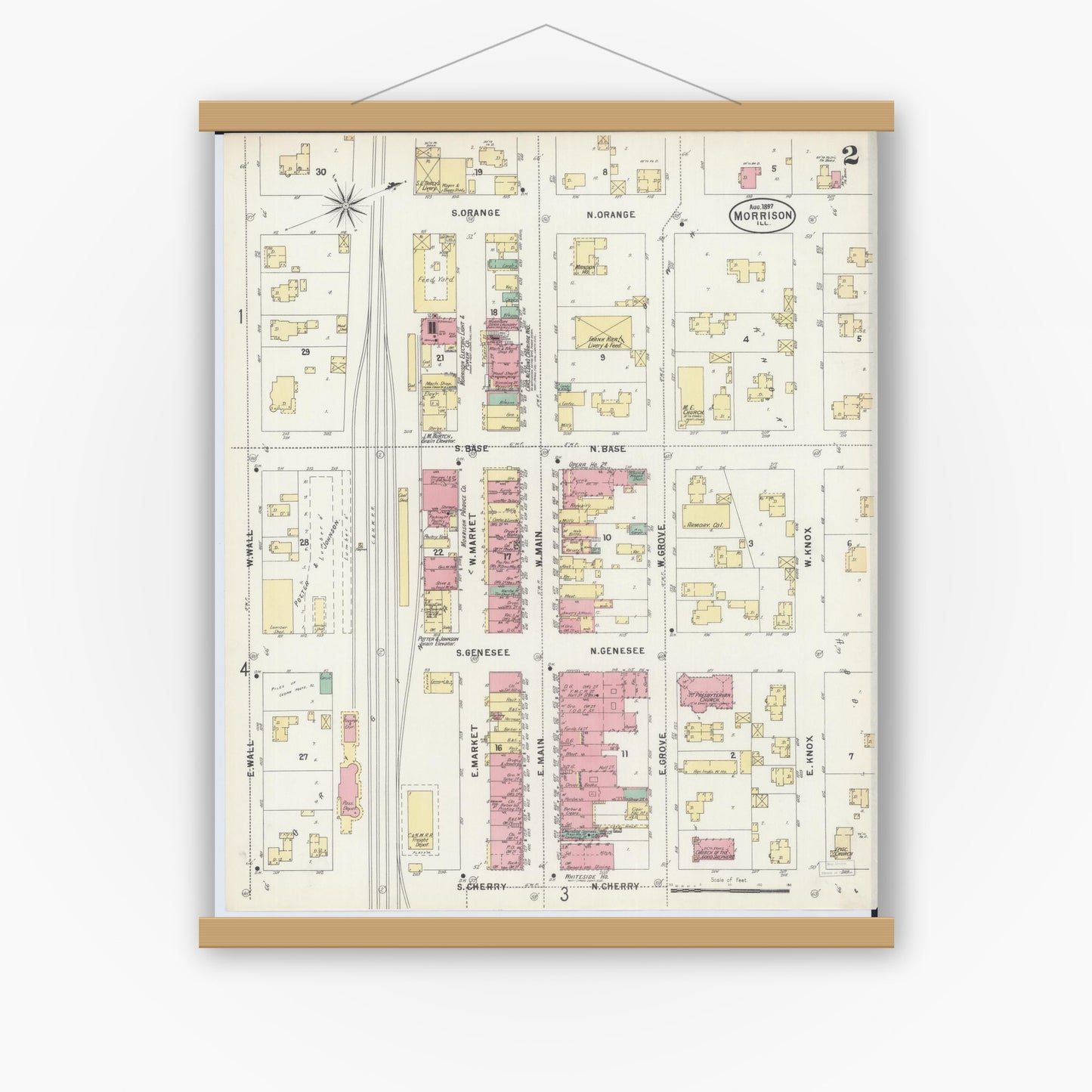 Old map wall art mockup — magnetic wood frame on white wall — Sanborn Fire Insurance Map from Morrison, Whiteside County, Illinois (1897), Sheet #0002