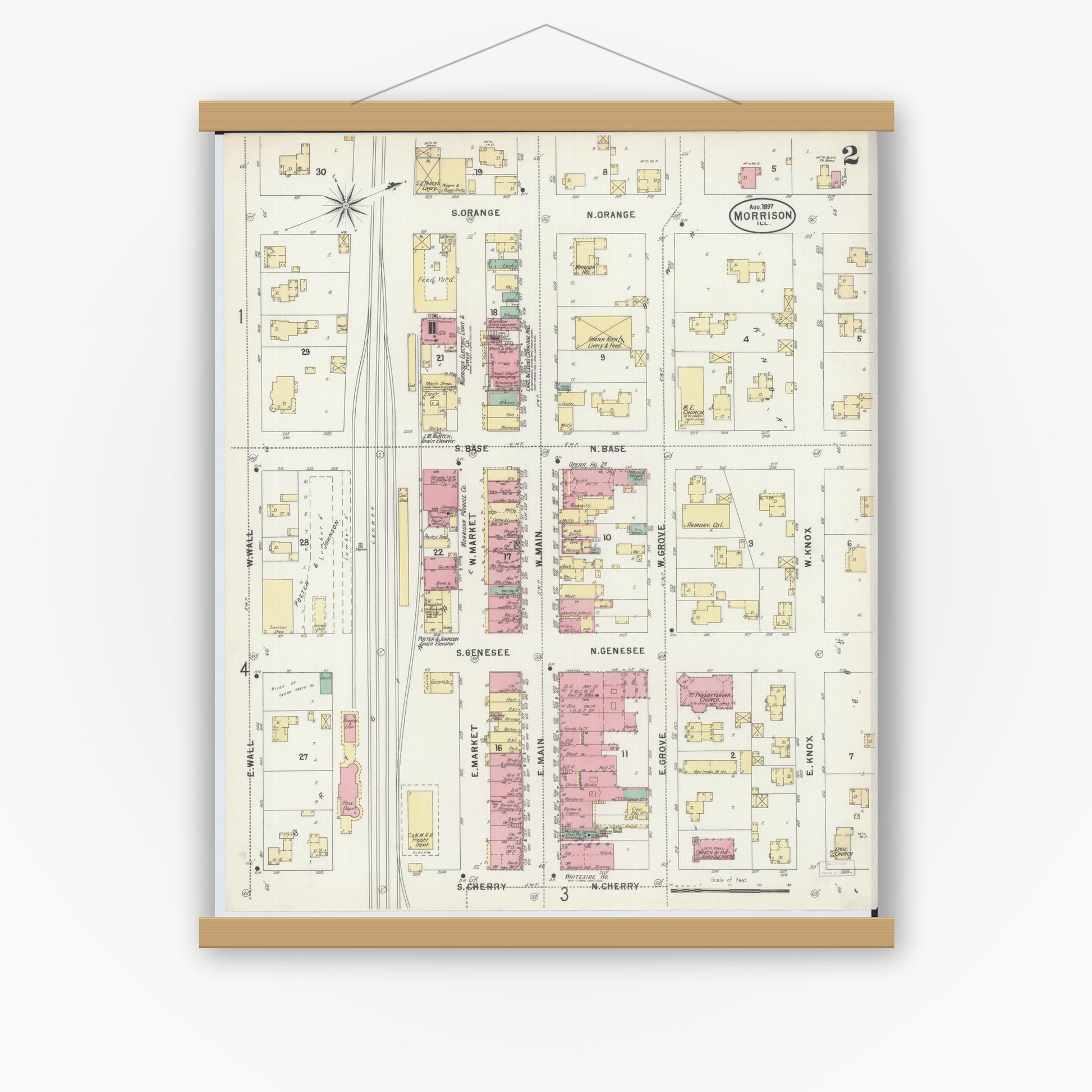 Old map wall art mockup — magnetic wood frame on white wall — Sanborn Fire Insurance Map from Morrison, Whiteside County, Illinois (1897), Sheet #0002