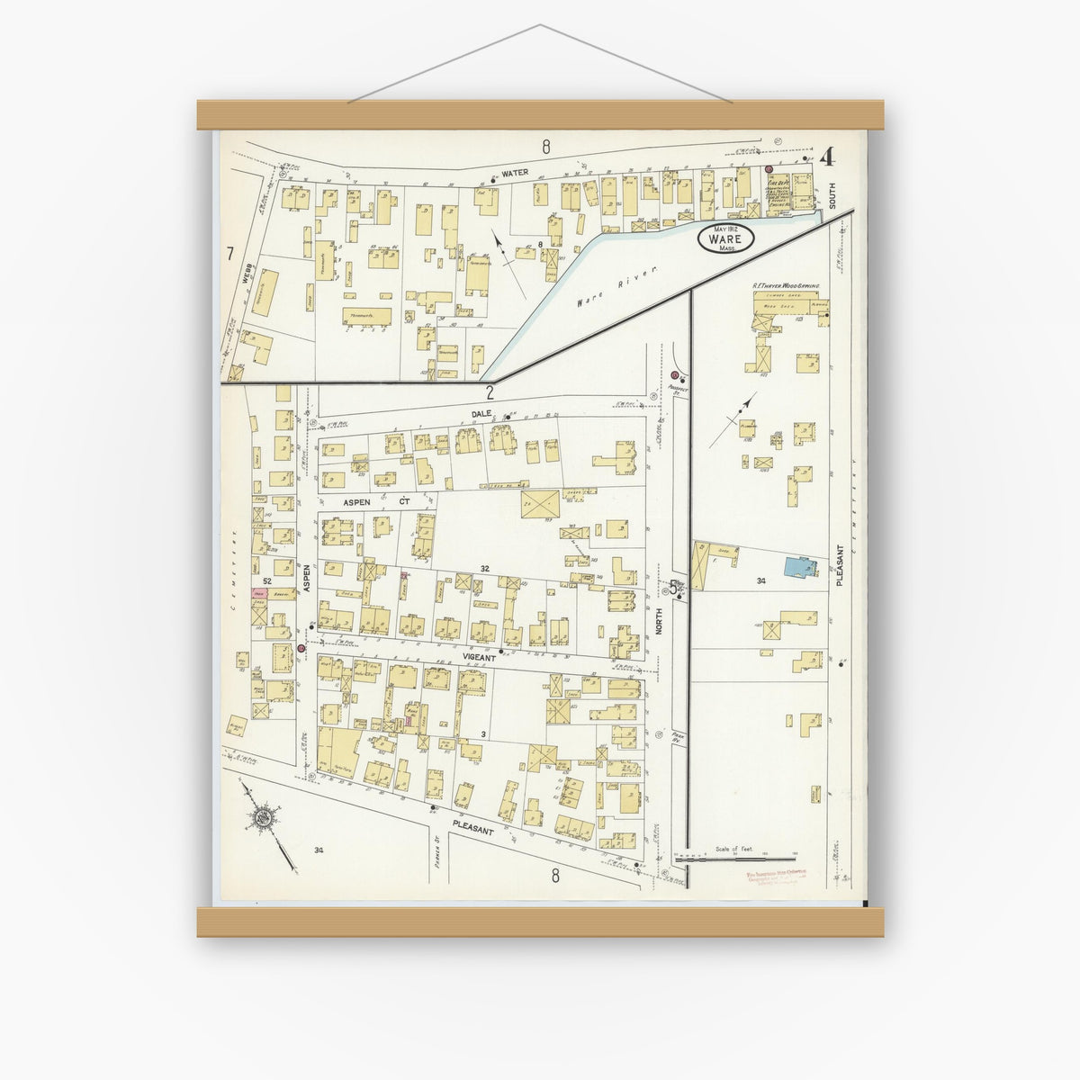 Old map wall art mockup — magnetic wood frame on white wall — Sanborn Fire Insurance Map from Ware, Hampshire County, Massachusetts (1912), Sheet #0004