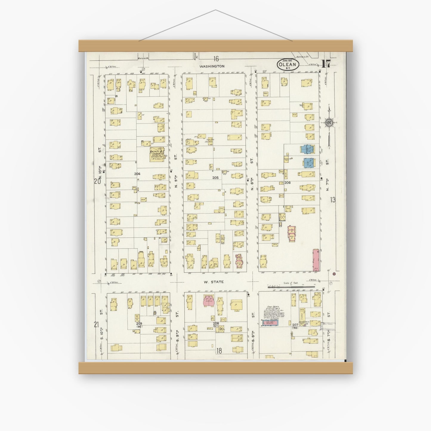 Old map wall art mockup — magnetic wood frame on white wall — Sanborn Fire Insurance Map from Olean, Cattaraugus County, New York (1915), Sheet #0017