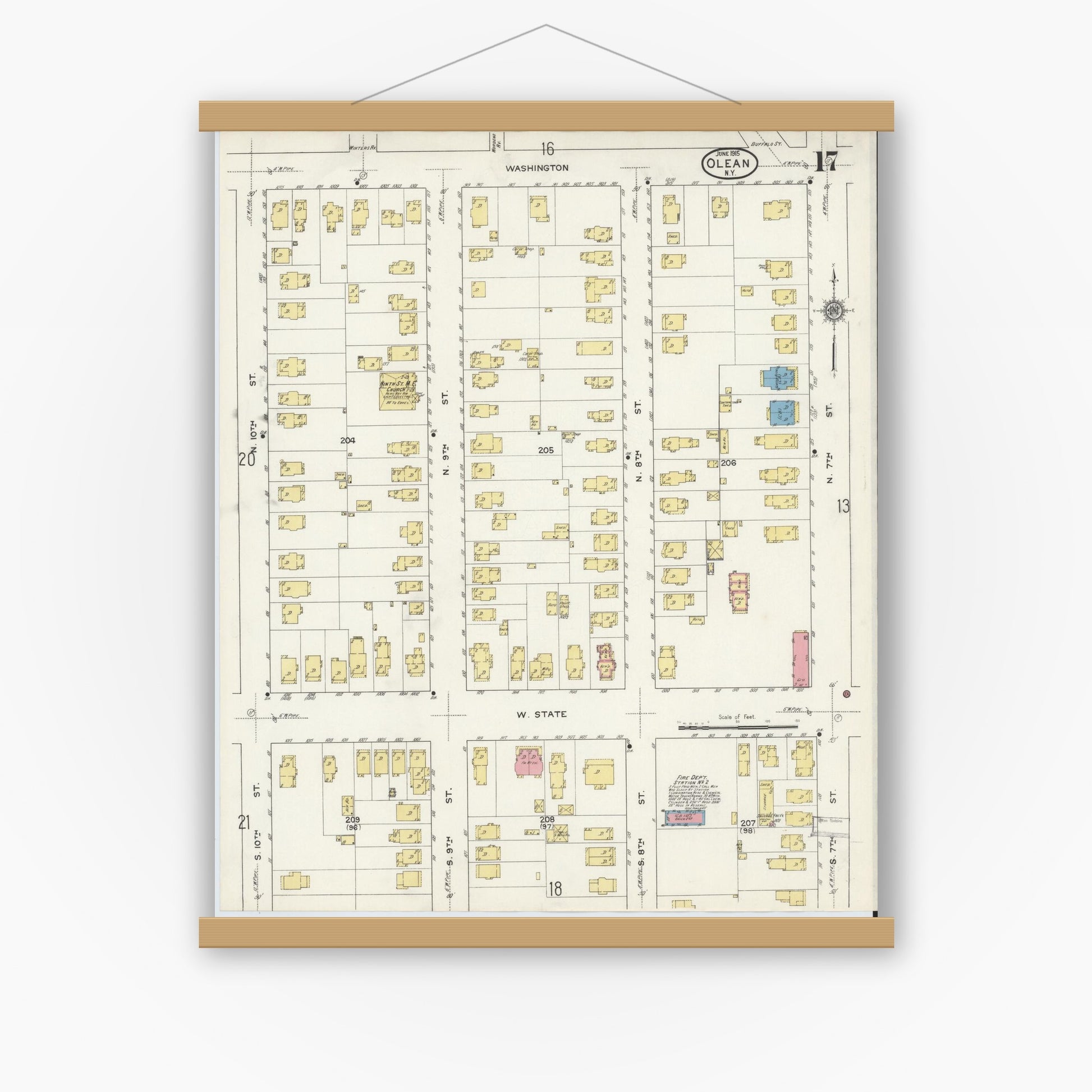 Old map wall art mockup — magnetic wood frame on white wall — Sanborn Fire Insurance Map from Olean, Cattaraugus County, New York (1915), Sheet #0017